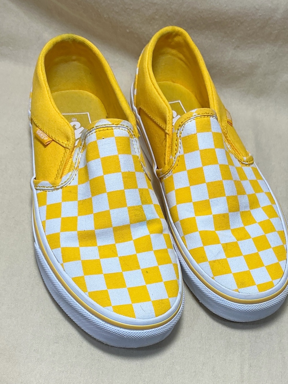 Vans Yellow and White Checkerboard Slip-On Sneakers